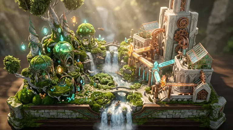 A fantasy city where living tree-spires and glowing crystal relics meet carved stone guildhalls and bronze aqueducts across a sunlit waterfall gorge.