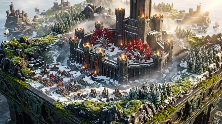 A massive dark-stone fortress keep with glowing amber braziers, red-leaved courtyard trees, and massed cavalry banners amidst swirling silver mist.