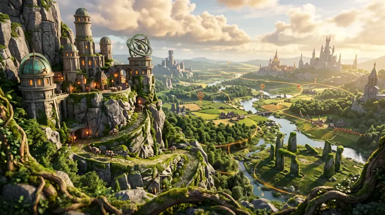 A sweeping fantasy landscape showing a mountain stone city, winding trade caravans, glowing ley-lines, and distant faction strongholds.