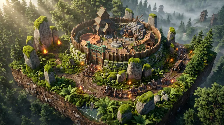A fortified medieval village with a timber palisade, clay pit, iron mine, and rallying spear columns marching toward rival watchtowers.