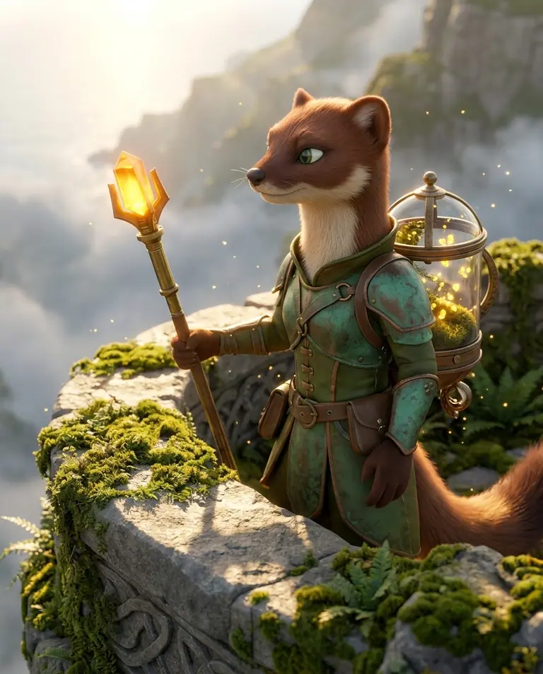 Portrait of Bryona Vane, the highland pine-marten siege-architect wearing a glowing spore-astrolabe backpack and holding an amber-tipped brass staff.